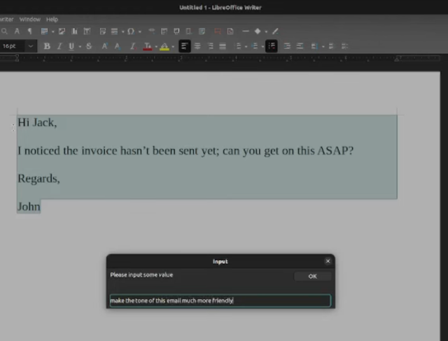 Screenshot of localwriter, showing a dialog box offering to make a selection of text more friendly