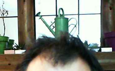 A closeup photo of the top of a head, forehead below, messy dark brown receding hair above. In the background, looking a bit like it is perched on top of the head, is a tiny green watering-can... spout to the left with a little watering rose on it, handle to the right.