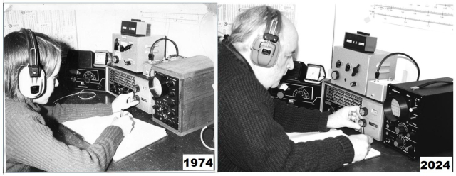 Black and white photo, split into two sides. On the left is a photo of a boy sitting in front of some amateur radio and electronics gear. He's wearing headphones and focusing intently on turning a knob and writing in a book. The image on the right is almost identical except that it's an older adult man in the photo. The two photos are labelled 1974 and 2024. 