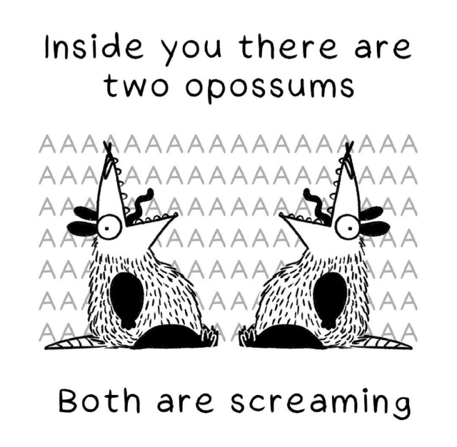 Drawing of two chunky opossums sitting and screaming while their tongues flaps out.

Inside of you there are two opossums.
Both are screaming.