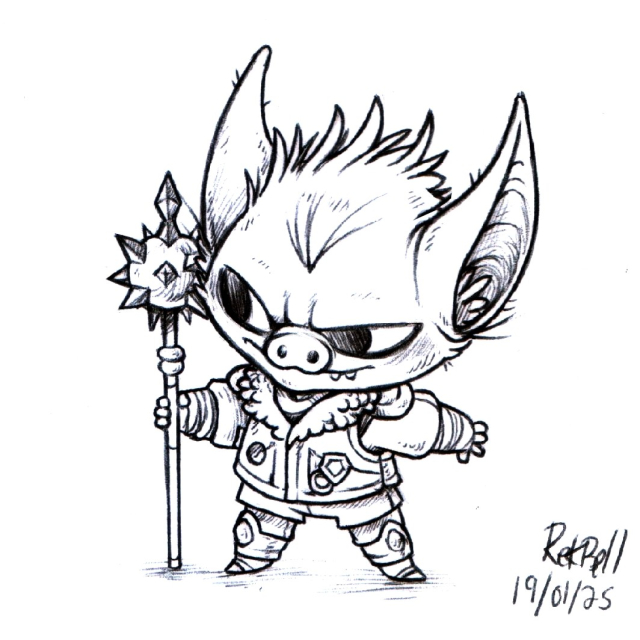 A drawing of a goblin-like creature with long bat-like ears, a pig-like snout, and wearing very light armor over rugged outdoor clothes. The goblin is holding a morning star.