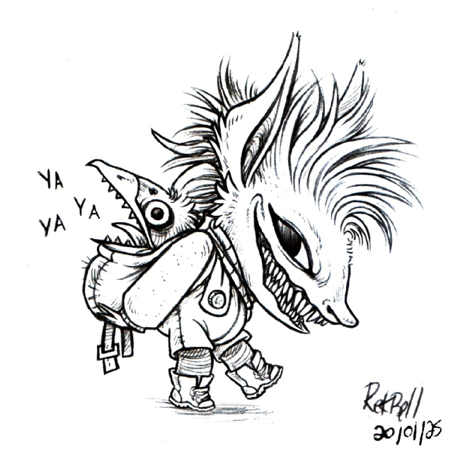 A goblin-like creature(Helka) with hair in a untidy mohawk, long wolf-like ears, a large creepy toothy grin, carrying a sort of backback containing a bird-like creature(Yammers). The bird creature is screaming, "Ya ya ya!"