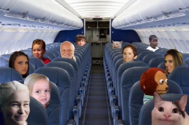 Meme remix of Passenger Aircraft comprising meme characters featuring awkward expressions, such as: Khaleesi, Disaster Girl, Side-Eye Chloe, Discerning meme boy, Hide the Pain Harold, Smudge the Cat, monkey puppet.