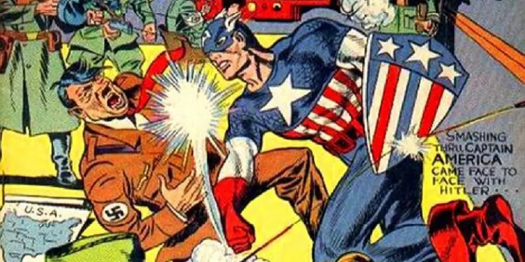 Comic book cover of Captain America punching Hitler