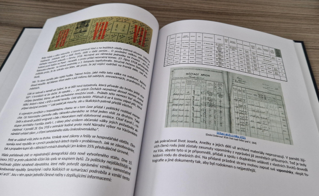 An open book with text and pictures of scanned documents.