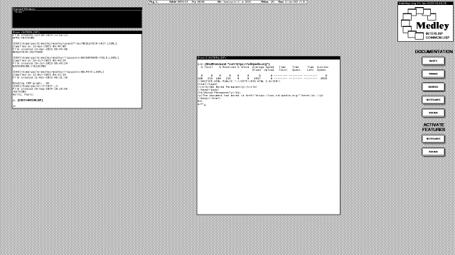 Screenshot of the black and white desktop of a 1980s graphical workstation environment. The desktop has a gray background pattern and some windows with a white background and a title bar with white text on a black background. The main window is a Lisp REPL that shows an evaluated expression for running curl https://wikipedia.org
