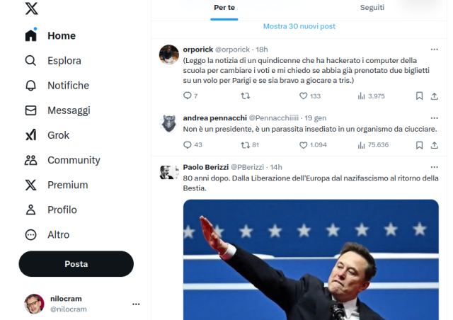 L'ultima schermata che ho letto su Twitter con l'immagine di Elon Musk che fa il saluto romano