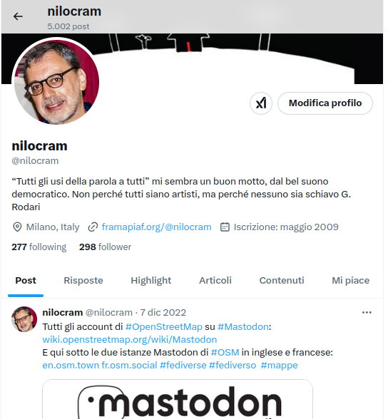 Il mio profilo e il mio ultimo post su Twitter (dicembre 2022) che , guarda un po' parla di Mastodon