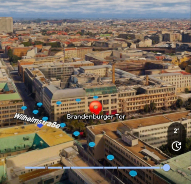 Some random building in Google Maps 3D satellite mode, with walking directions leading up to it.