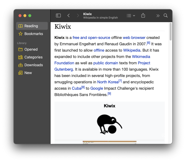 Screenshot showing the application Kiwix with the open Wikipedia entry for Kiwix. Very meta.