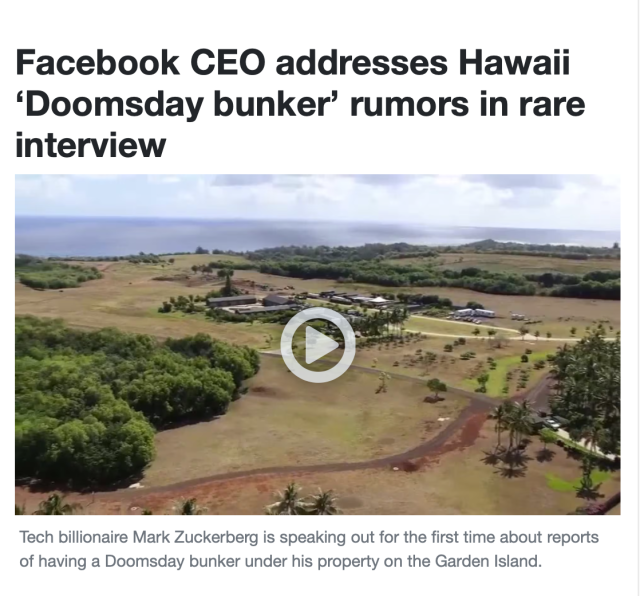 headline screenshot reading Facebook CEO addresses Hawaii Doomsday bunker rumors in rare interview.