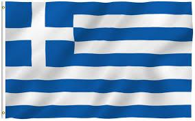 The National Flag of Greece consists of four white and five blue alternating horizontal stripes, with a white cross on the upper left corner. Blue and white are the national colours of Greece, as blue symbolizes the sky and seas and white denotes the purity of the Greek independence struggle. The cross represents the Christian religion. The nine blue-and-white horizontal stripes of the flag stand for the nine syllables of the Greek motto Eleftheria i Thanatos (Greek for Freedom or Death).