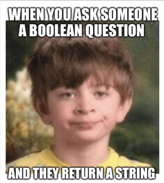 A meme featuring a young boy making a confused expression, with the following text: When you ask someone a Boolean question and they return a string. 