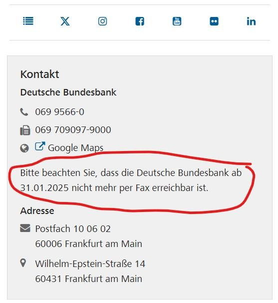 Ein Screenshot vom Impressum der Webseite der Deutschen Bundesbank, mit der Aufschrift „Bitte beachten Sie, dass die Deutsche Bundesbank ab 31.11.2025 nicht mehr per Fax erreichbar ist.”