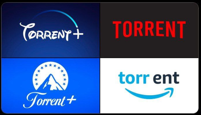 The disney logo, the netflix logo, the paramount + logo and the amazon prime logo .... but all the letters changed to just "TORRENT".
