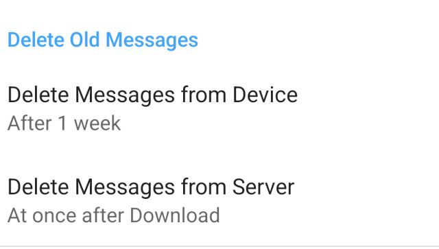 A screenshot of "delete old messages" section in "chats and media" settings section. 
Delete messages from device is set to "1 week"
Delete messages from server is set to "at once after download"
