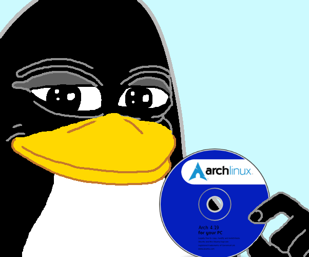 Penguin smiles while holding a CD/DVD disk with label "Arch Linux"