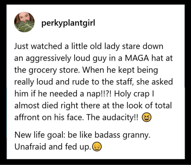 perkyplantgirl

Just watched a little old lady stare down an aggressively loud guy in a MAGA hat at the grocery store. When he kept being really loud and rude to the staff, she asked him if he needed a nap!!?! Holy crap I almost died right there at the look of total affront on his face. The audacity!!

New life goal: be like badass granny. Unafraid and fed up. 
