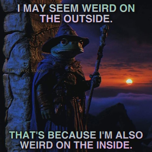 A meme picture of a frog mage wearing a cloak and pointed hat over leather-looking clothes, holding a staff, and leaning against a high stone wall in the low light of a distant red sunset  with the lowest layer of sky glowing dull red beneath darkness. The frog mage says, "I may seem weird on the outside. That's because I'm also weird on the inside."