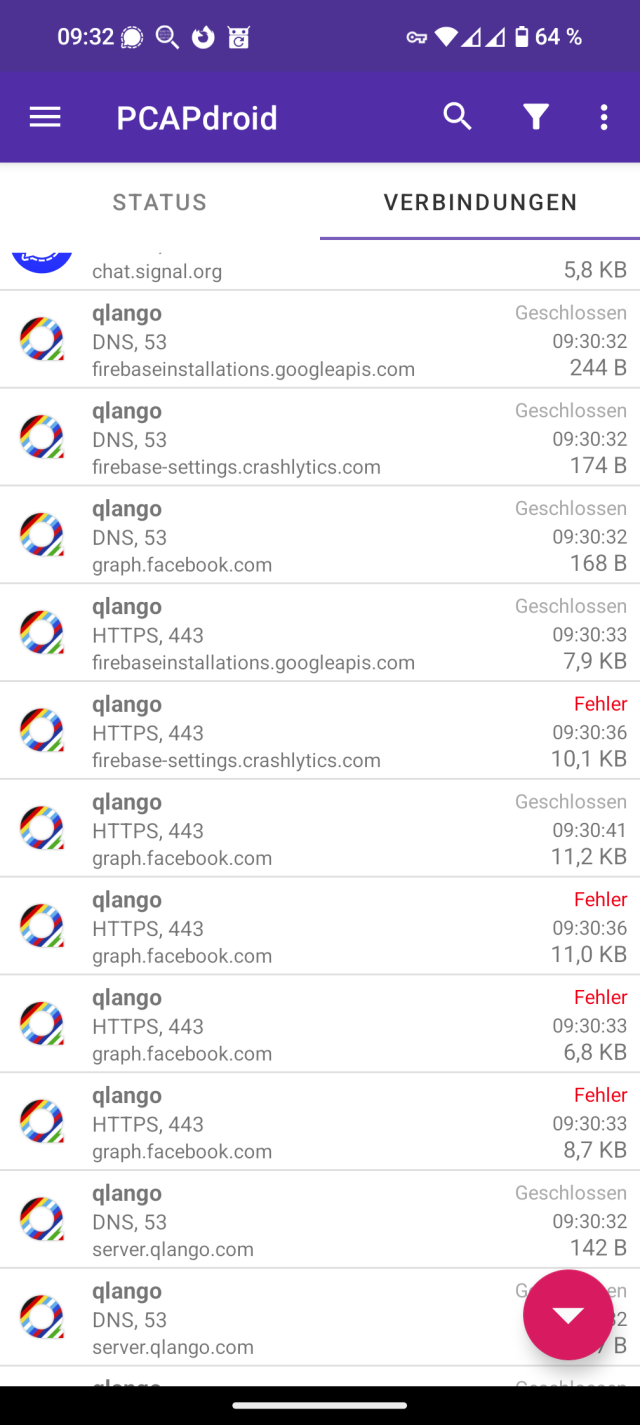 Ein Screenshot aus PCAPdroid, auf dem man Verbindungen der App qlango zu firebaseinstallations.googleapis.com, firebase-setting.crashlytics.com, graph.facebook.com und server.qlango.com erkennt. 