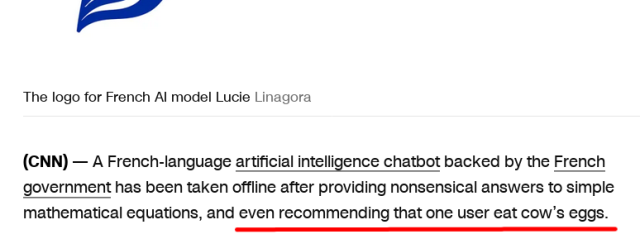 A screenshot of an article from CNN. It says: "A French-language artificial intelligence chatbot backed by the French government has been taken offline after providing nonsensical answers to simple mathematical equations, and even recommending that one user eat cow’s eggs."