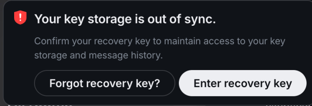 incomprehensible user message from the Element application:

Your key storage is out of sync.
Confirm your recovery key to maintain access to your key storage and message history.
Forgot recovery key?
Enter recovery key