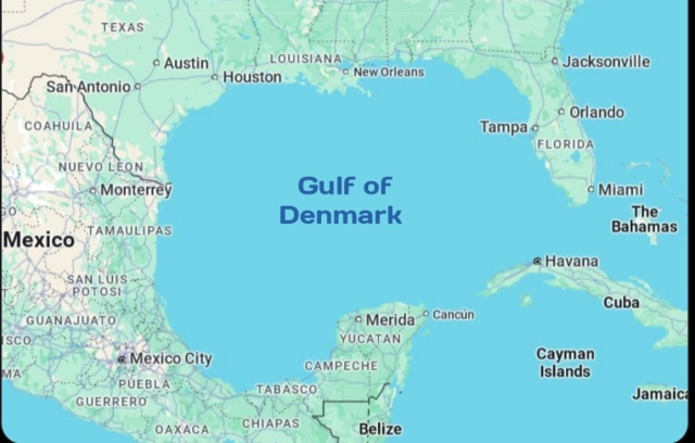 Map show the Gulf of Mexico but named Gulf of Denmark