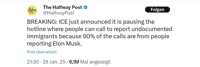 BREAKING: ICE just announced it is pausing the hotline where people can call to report undocumented immigrants because 90% of the calls are from people reporting Elon Musk.