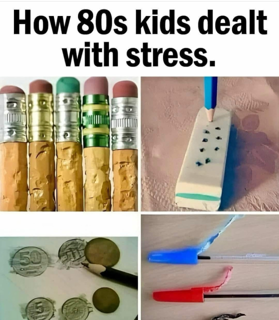The picture shows chewed pencils, an eraser poked with a pen, chewed ink pen caps and coins that were used to make pictures on paper.