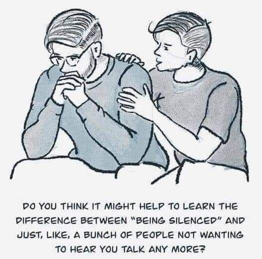 Pencil drawing of a femme presenting person consoling a disgruntled looking masc presenting person, with a text below it: Do you think it might help to learn the difference between "being silenced" and just, like, a bunch of people not wanting to hear you talk anymore?