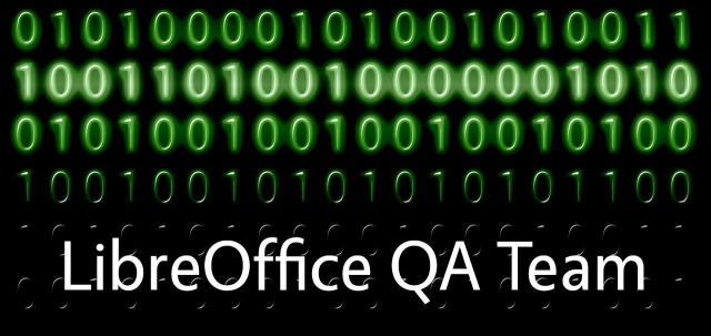 "LibreOffice QA Team" on a green Matrix-like code banner