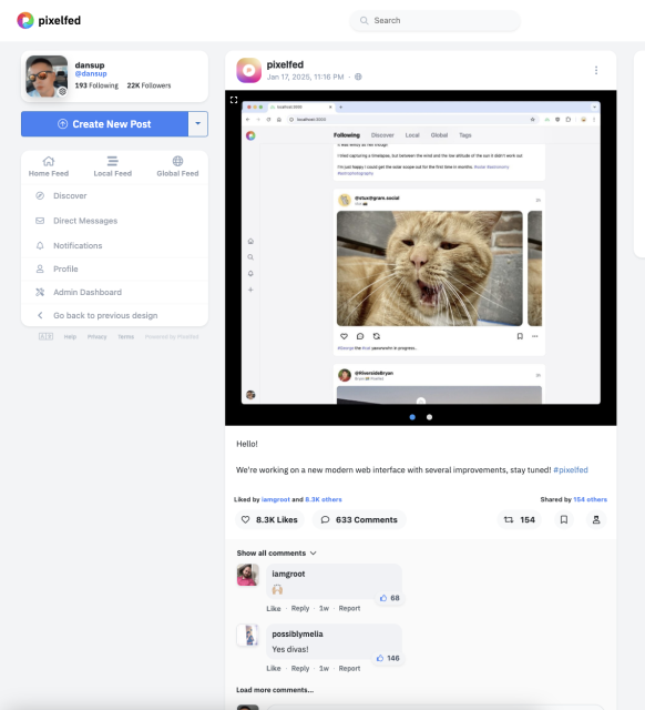 Pixelfed.social post with 8300+ likes and 633 comments