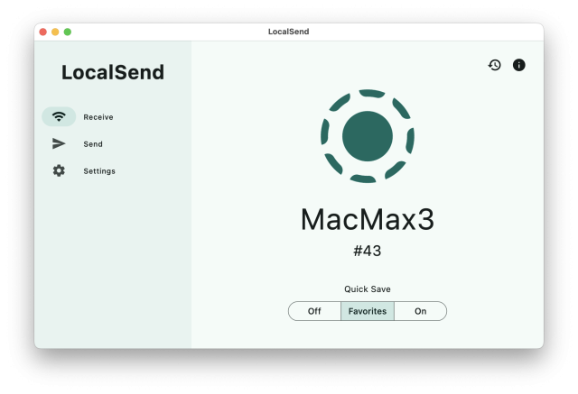 A screenshot of the LocalSend app running on Mac, it shows a receive and send option and the name of my computer “MacMax3”