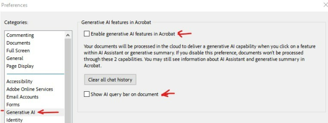 For those who need text, the options to disable are:

    Enable generative AI features in Acrobat

and

    Show AI query bar on document