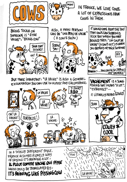 Cows - In France, we love cows. A lot of expressions have cows in them.
Being tough on someone is "être vache" : being cow (Image of a cow telling Boulet "your coat stinks") - Also, a mean person can be "une peau de vache" : a cow's skin (image of Boulet wearing a cow's outfit and saying "screw you").
It would come from the fact that cows can suddenly kick you when you are behind them. "Un coup de/en vache" : a cow's hit, is when you betray or trick someone. (image of a cow kicking Boulet out of the frame) you can also say "une vacherie": a "cowerie"
But more important: "la vache" is also a general exclamation you can use in almost any circumstance. (Image: Boulet is using "la vache" admiratively while looking at a painting, angrily while seing the price of a shirt, moved while recieving a present, painfully while waking up with hangover).
VACHEMENT is a slang adverb that means "a lot", "extremely". It means "cowly" (Image of a very cool cow wearing a "cowly cool" shirt)
In a totally different style, France also has a lovely way of saying it's raining a lot: IL PLEUT COMME VACHE QUI PISSE, which could be translated by: "IT'S RAINING LIKE PISSING COW" (Image of Boulet under the rain, saying "La vache". The clouds are shaped like utters and make "Moo" sounds)