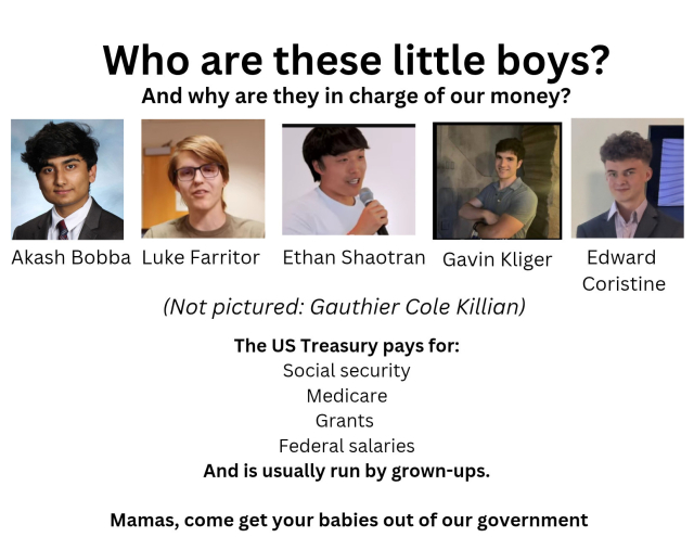 Who are these little boys?
And why are they in charge of our money?
Akash Bobba Luke Farritor Ethan Shaotran Gavin Kliger
(Not pictured: Gauthier Cole Killian)
The US Treasury pays for:
Social security
Medicare
Grants
Federal salaries
And is usually run by grown-ups.
Mamas, come get your babies out of our government
Edward
Coristine