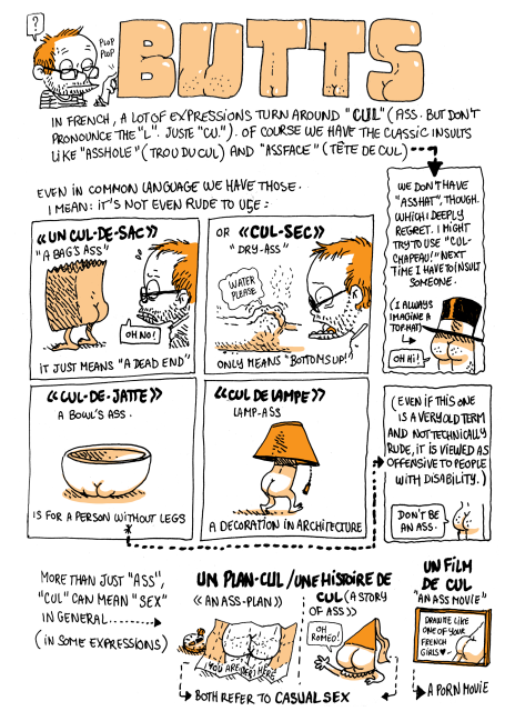Butts
In french a lot of expressions turn around "cul" (ass. But don't say the L, just say cu'). Of course we have the classic insults like "asshole" (trou du cul) and "assface" (tête de cul)
(We don't have "asshat", though. Which I deeply regret. I might try to use "cul-chapeau" next time I insult someone. I always imagine a butt with a top hat)
Even in common language we have those. I mean: it's not even rude to say:
Un cul-de-sac (a bag's ass) it just means a dead end
Cul-sec (dry ass) only means "Bottoms up!"
Un cul-de-lampe (lamp-ass) is a decoration in architecture
Cul-de-jatte (bowl's ass) is for a person without legs (even if this one is a very old term and is not technically rude, it is viewed as offensive to people with disability. Don't be an ass.)
More than just "ass", cul can mean sex in general (in some expressions)
Un plan-cul / une histoire de cul, both refer to casual sex. (image of a map with a butt on it / image of a butt in costume saying "oh, Romeo!) Un film de cul (an ass-movie) is a porn. (image of a butt saying "draw me like one of your french girls")