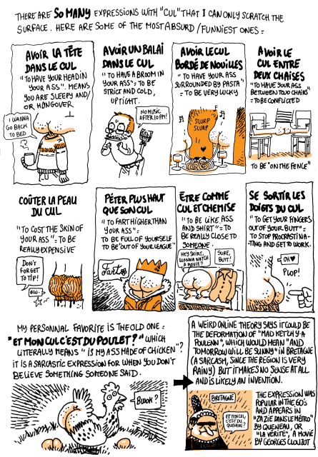 There are SO MANY expressions with cul that I can barely scratch the surface, Here are some of the most absurd/funniest ones:
Avoir la tête dans le cul: to have your head in your ass: means you are sleepy and/or hungover.
Avoir un balai dans le cul : to have a broom in your ass : to be strict and cold / uptight.
Avoir le cul bordé de nouilles : to have your ass surrounded by pasta: to be very lucky
Avoir le cul entre deux chaises: to have your butt between two chairs: to be conflicted, to be "on the fence"
Coûter la peau du cul: to cost the skin of the ass: to be really expensive
Péter plus haut que son cul: to fart higher than your ass: to be full of yourself, to be pretentions.
être comme cul et chemise: to be like ass and shirt: to be really close to someone
Se sortir les doigts du cul: to get your fingers out of your butt: to stop procrastinating and get to work
My personnal favorite is the old one: "et mon cul, c'est du poulet ?", which literally means "and is my ass made of chicken ?" it is a sarcastic expression for when you don't believe something someone just said.
A weird online theory says it could be the deformation of "mad ket'ch y-à poulenn" which would mean "and tomorrow will be sunny?" in Bretagne, a sarcasm since the region is very rainy) but it makes no sense at all and is likely an invention. The expression was popular in the 60s and appears in "zazie dans le métro" by Raymond Queneau, or the movie "la vérité" by Georges Clouzot.