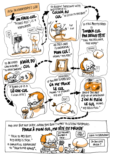 Also, in everyday's life:
Un faux-cul "a fake-ass" is a hypocrite
To follow someone with insistance is "coller au cul" (to stick to the butt)
To fall pretty hard is "tomber cul par-dessus tête (to fall the ass over the head)
Oh, this one is universal: "MON CUL !" is just "My ass!"
To be lucky can also be AVOIR DU CUL (to have some ass),
a suck-up is a LÈCHE-CUL (a lick-ass)
If you are surprised/amazed, ça me troue le cul means "it pierces my ass", and if you are fed-up of something, J'EN AI PLEIN LE CUL means "my ass is full"
And last but not least, when you don't want to listen anymore: PARLE À MON CUL, MA TÊTE EST MALADE (Talk to my butt, my head is sick), a gracefull equivalent to "talk to my hand"
(Image of Boulet at a table with a butt. Boulet says "On the app, you had a face..." and the butt answers: "who cares? Gosh I'm starving! Do you like pasta?"