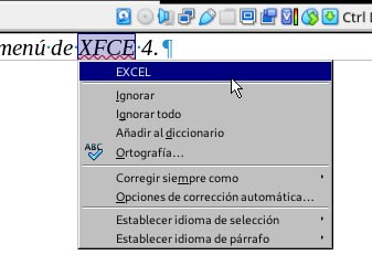 Corrector de LibreOffice Writer corregint XFCE com a "EXCEL" | CC-BY-SA