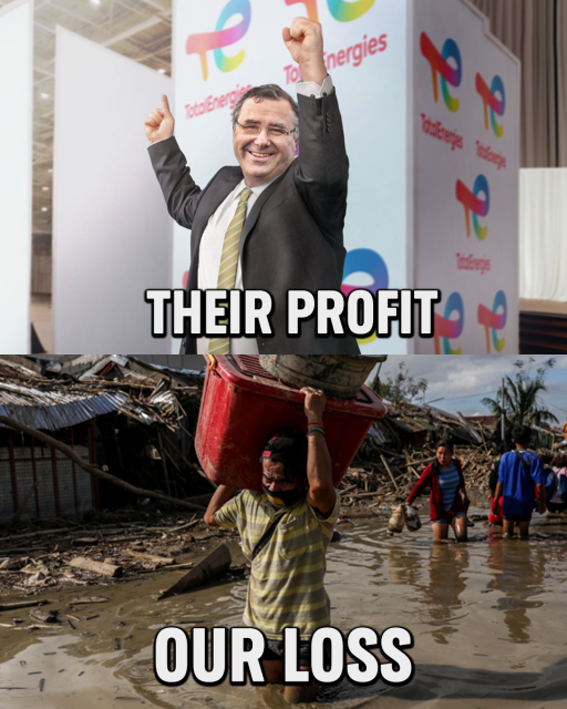 📷 Patrick Pouyanné, Total, in a retouched image (Top). Local resident during floodings in Philippines (bottom)

Disclaimer: Images of CEOs used in this campaign are staged and doctored for illustrative purposes. Illustrations are created without the use of regenerative AI.