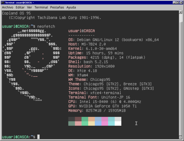 OS: Debian GNU/Linux 12 (bookworm) x86_64 
Host: MS-7B24 2.0 
Kernel: 6.1.0-30-amd64 
Uptime: 16 hours, 4 mins 
Packages: 4215 (dpkg), 14 (flatpak) 
Shell: bash 5.2.15 
Resolution: 1920x1080 
DE: Xfce 4.18 
WM: Xfwm4 
WM Theme: Chicago95 
Theme: Chicago95 [GTK2], Breeze [GTK3] 
Icons: Chicago95 [GTK2], GNUstep [GTK3] 
Terminal: xfce4-terminal 
Terminal Font: Unifont-JP 16 
CPU: Intel i5-8400 (6) @ 4.000GHz 
GPU: NVIDIA GeForce GTX 1050 Ti 
Memory: 8322MiB / 15935MiB
|
CC-BY-SA