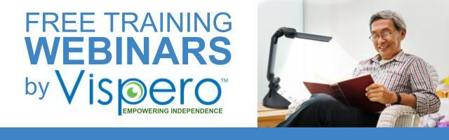 Free Training Webinars by Vispero. Pictured on right; man sitting in a chair reading a book with the SCHWEIZER table lamp beside him.