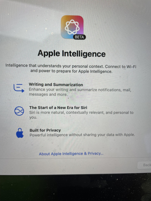 A picture of a information window that popped up after completion of the update. It announces apple intelligence.