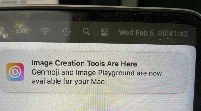 A picture of a not notification on the top right corner of my screen says image creation tools are here. Genmoji and image playground are now available for your Mac. With a little multicoloured square icon on the left side.