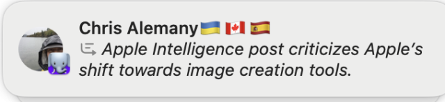 A notification says from Ivory says
“Chris Alemany  Apple Intelligence post criticizes Apple’s shift towards image creation tools.”