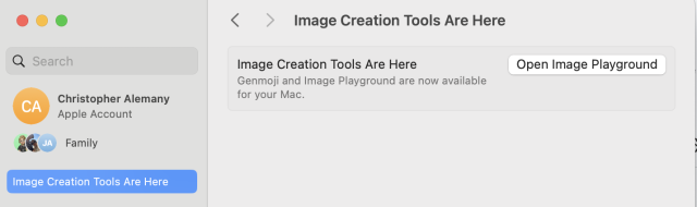 A dialog in Apple’s System Settings after upgrade shows a notification that says: “Image Creation Tools are Here” and encourages you to press the button to open the “Image Playground”