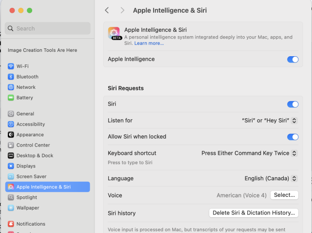 A screenshot of the Apple Intelligence & Siri dialogue shows it is about 10 options down the list on the left. There is a toggle button at the top of the dialog on the right with “Apple Intelligence”