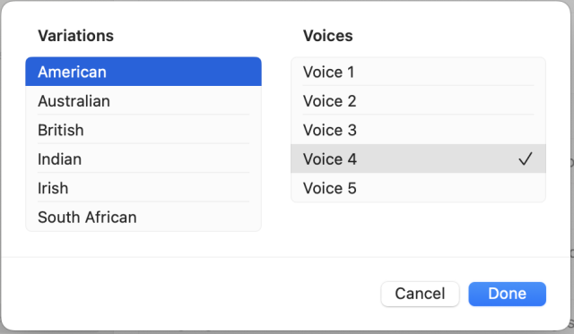 A screenshot of the English voice dialogue in Siri shows on the left, American, Australian, British, Indian, Irish, and South African. American is selected and there are 5 voices available on the right