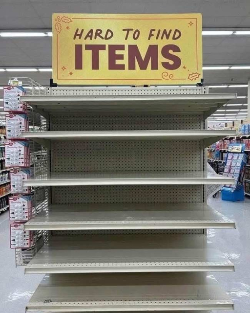 Empty shelving unit with a sign reading "Hard to Find Items."